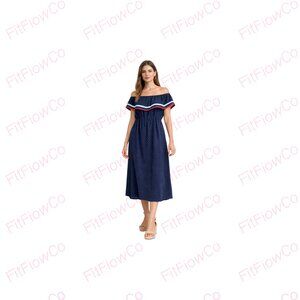 Maison Jules Navy Polka Dot Off-Shoulder Ruffle Midi Dress Elastic Waist Size M